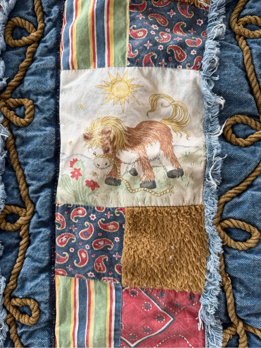 Vintage Cowpoke Patchwork Baby Quilt - Red, Blue, Brown